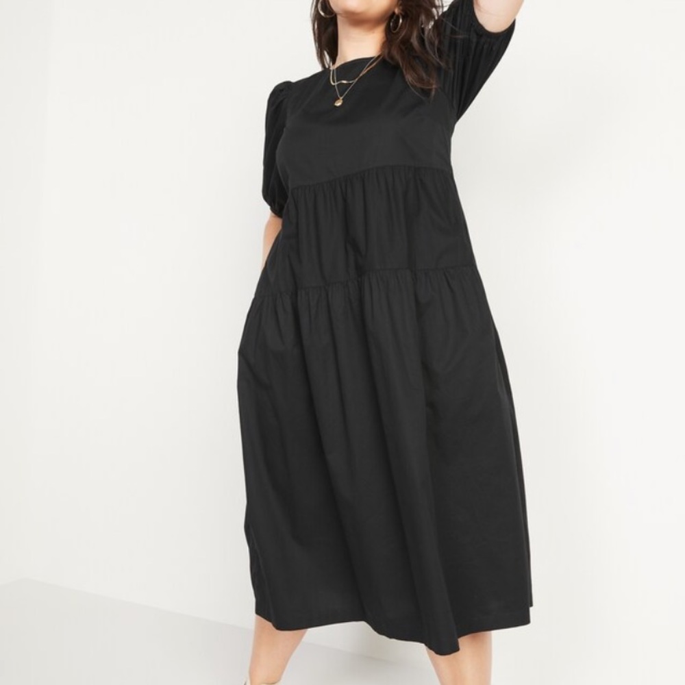 Black Puff Sleeve Midi Dress